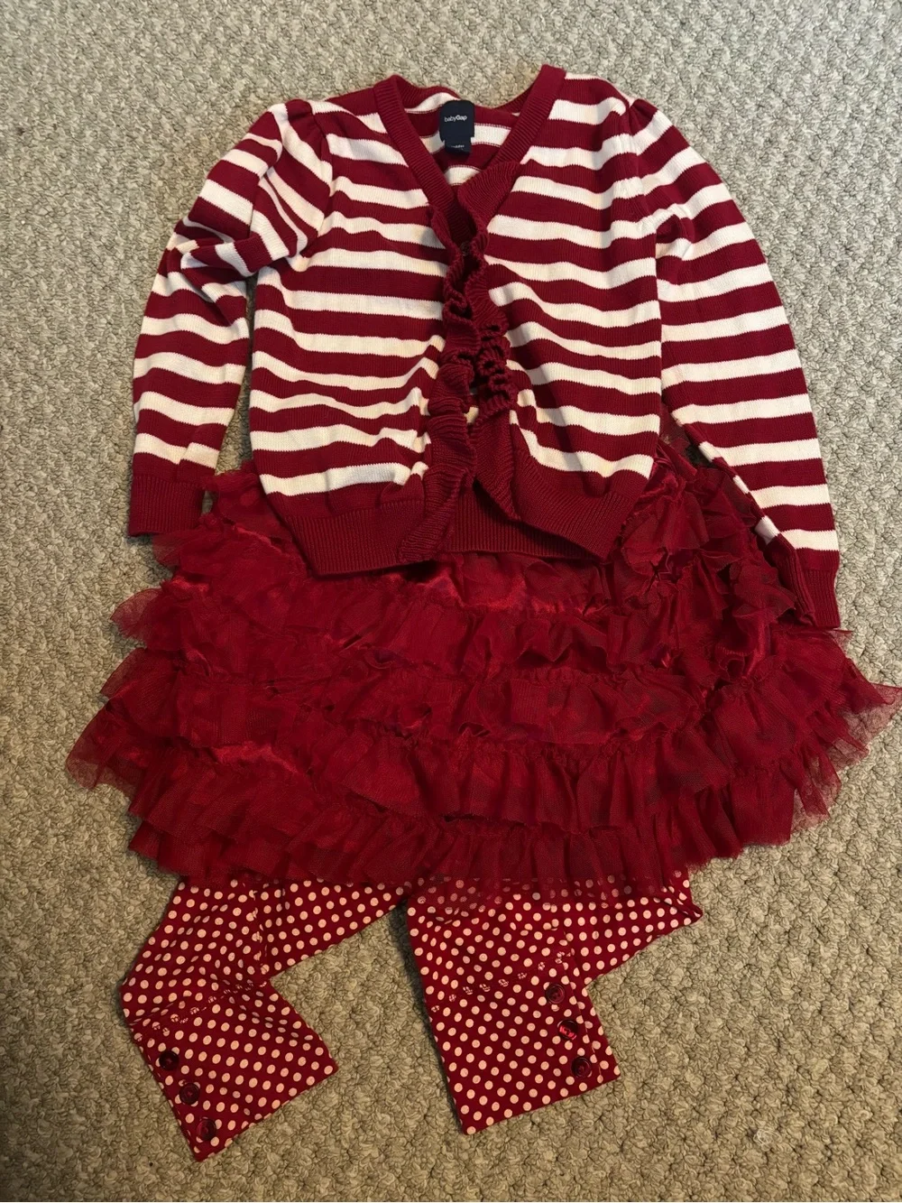 GAP Red and White Striped Cardigan with Red Tulle Skirt and Polka Dot Leggings